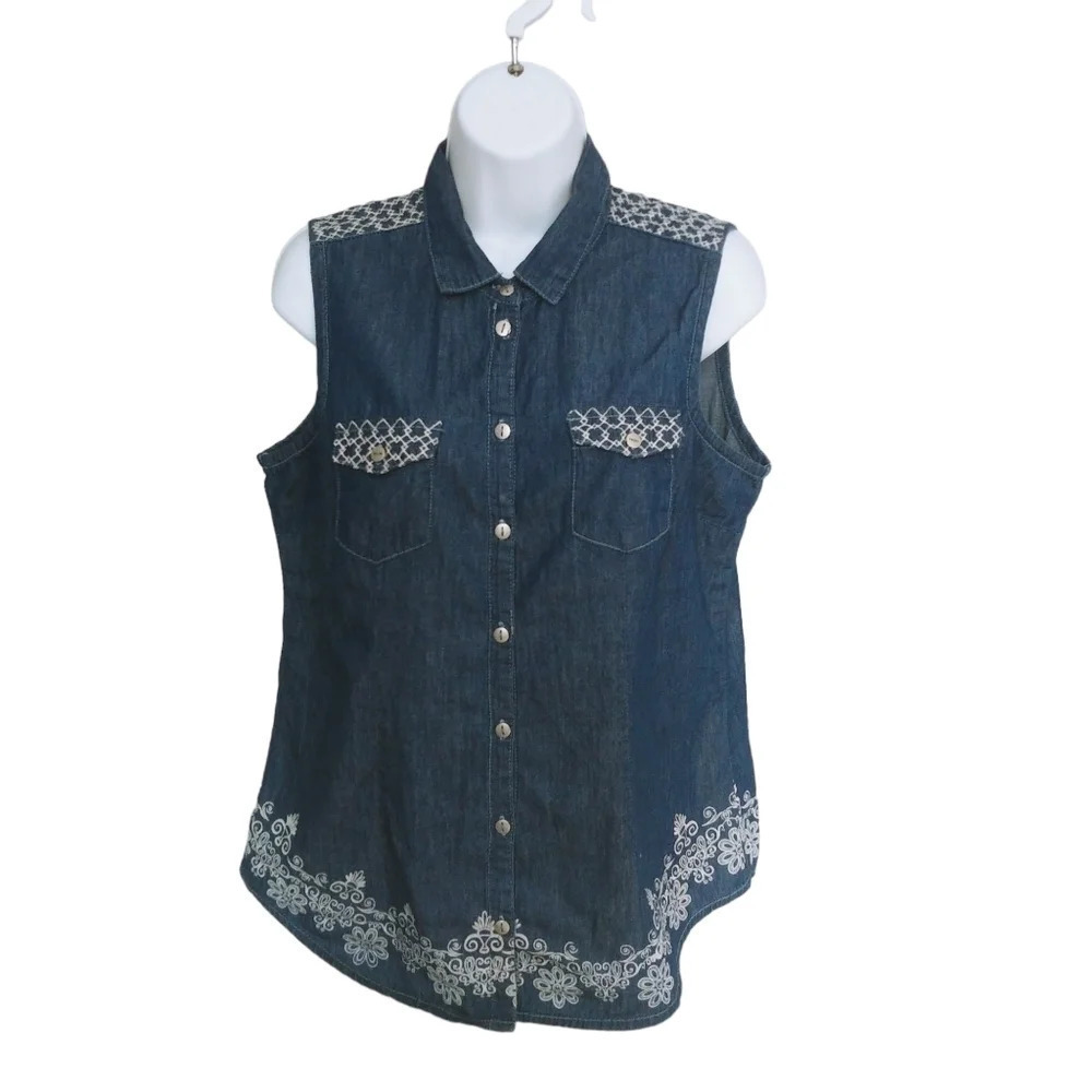 Marie Claire Denim Dark Wash Jean Blouse  Embroidery Fabric Treatment Designs M
